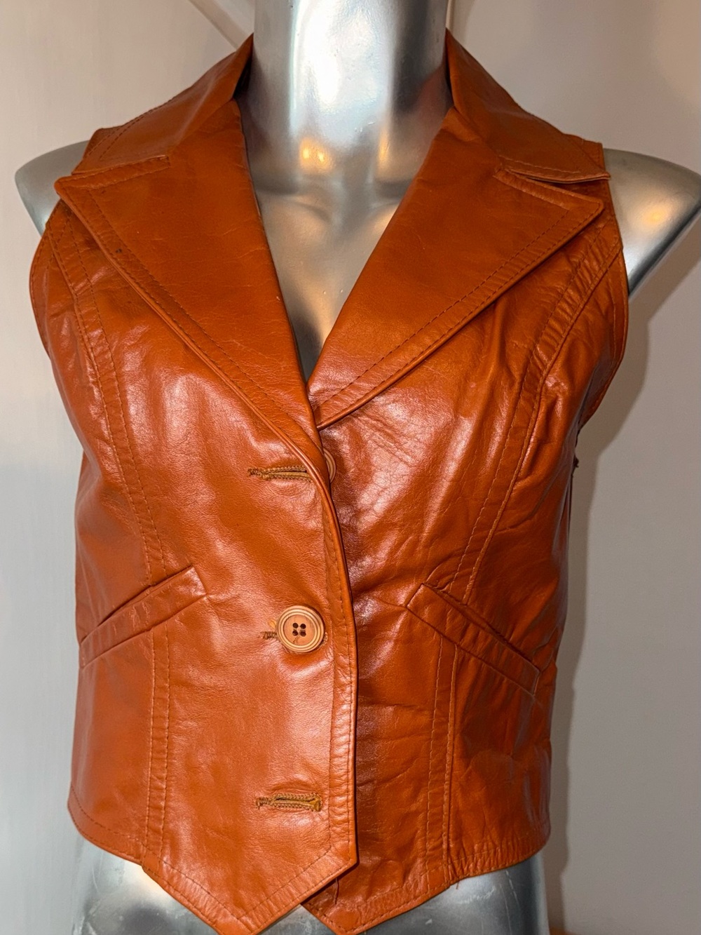 Women’s Orange Leather Vest Jacket - Sleeveless Buttoned Waistcoat